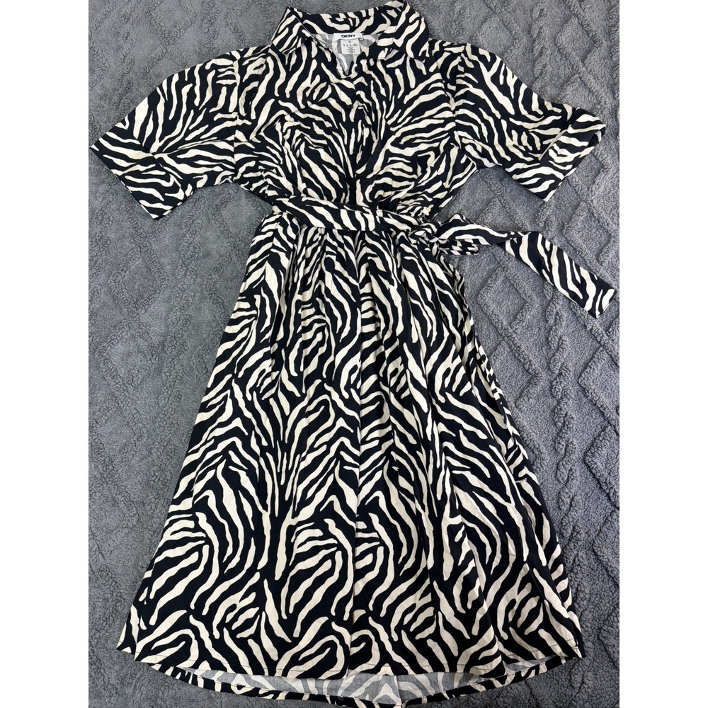 $119 NWT DKNY Women Dress Size 6 Zebra Print Brown Cream Belt Elastic Waist